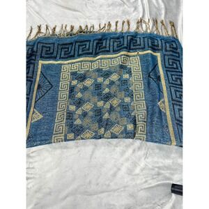 SOLD Blue Gold Rectangle Light Scarf with Greek Geometric Pattern Glitter Thread